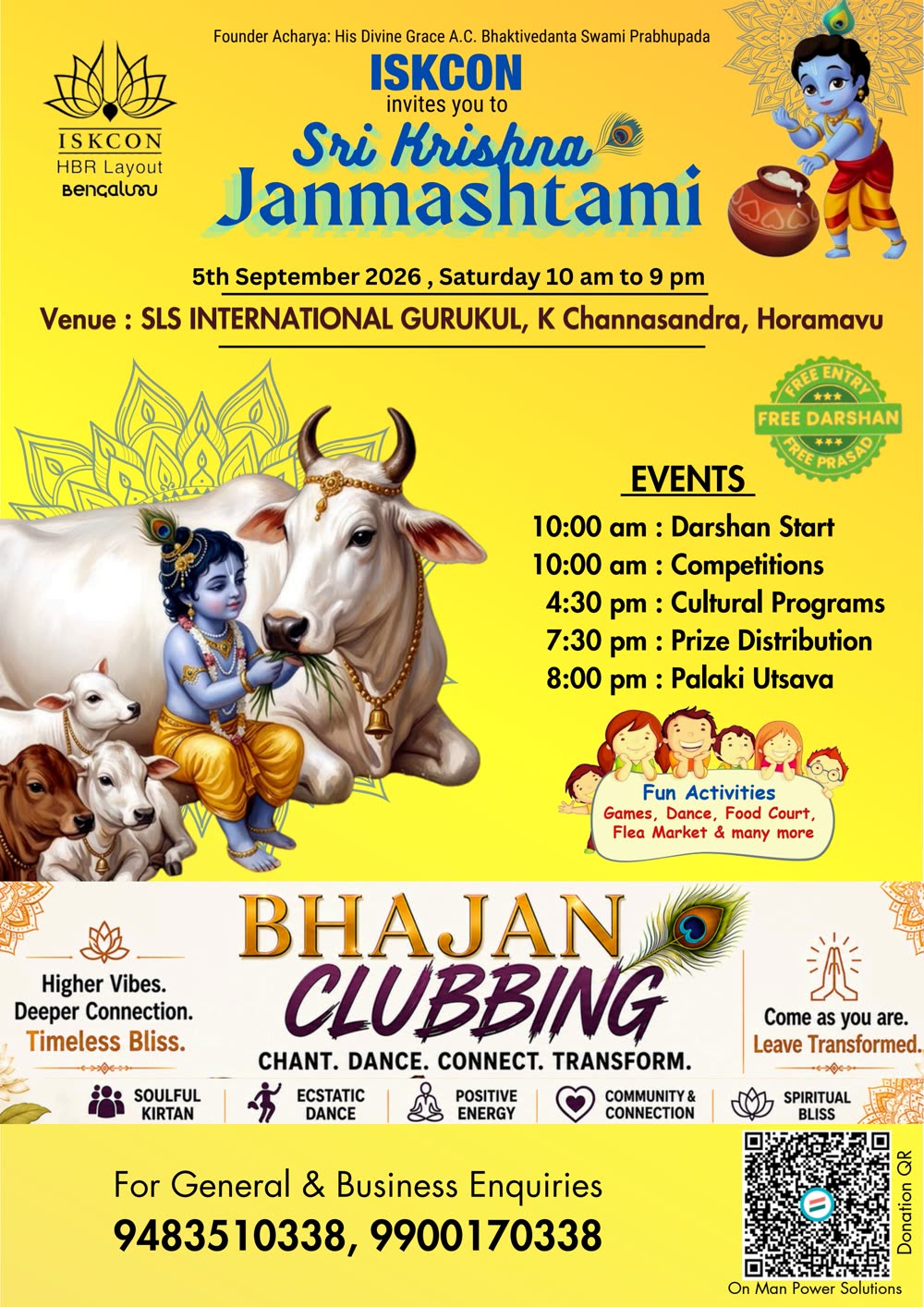 Sri Krishna Janmashtami 2026 event poster with schedule and venue